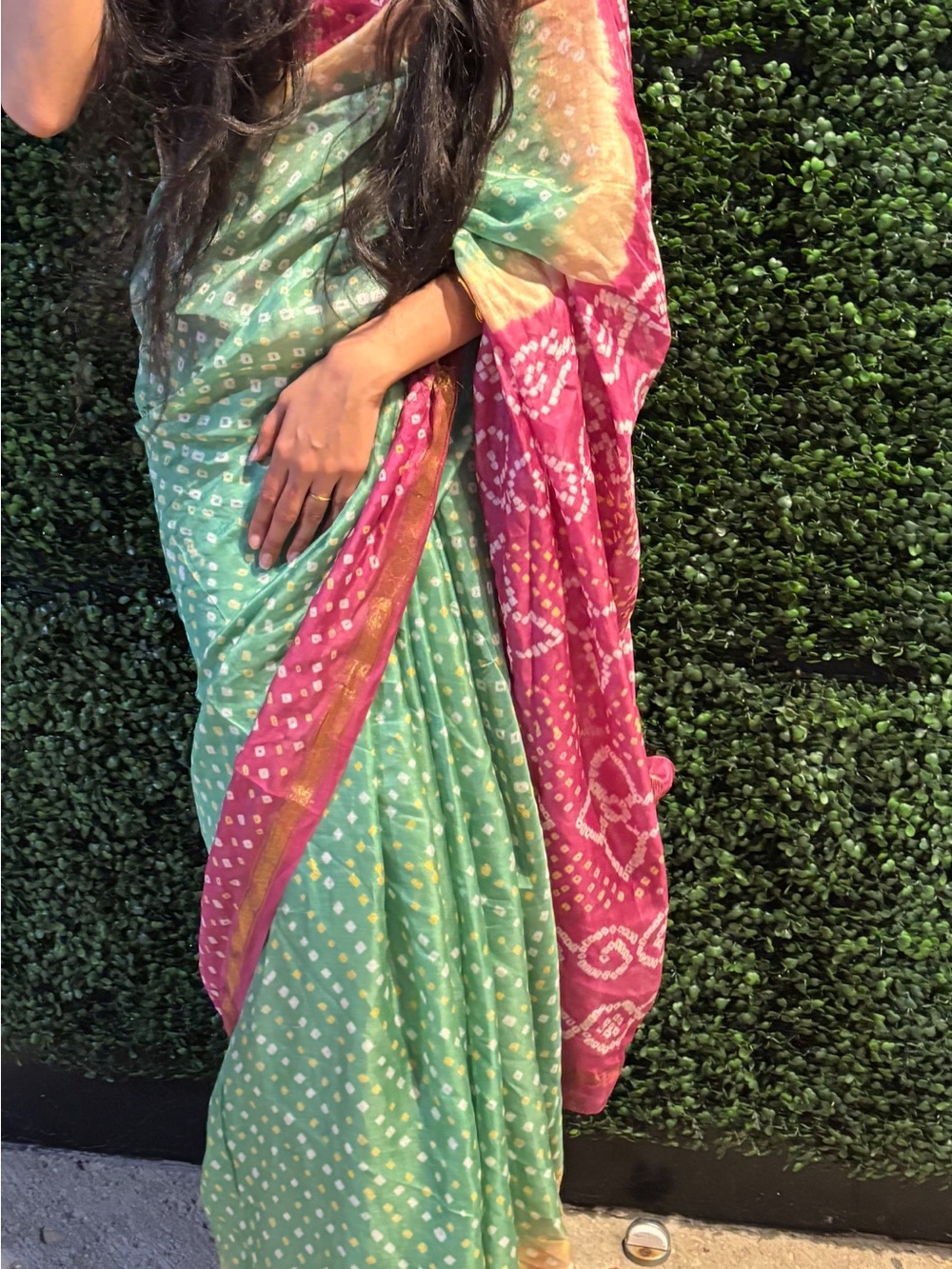 Green and Pink Bandhani Saree with Gold Trim